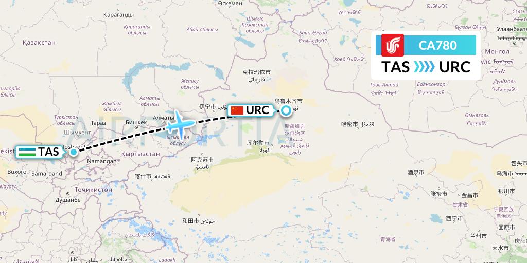 CA780 Air China Flight Map: Tashkent to Urumqi