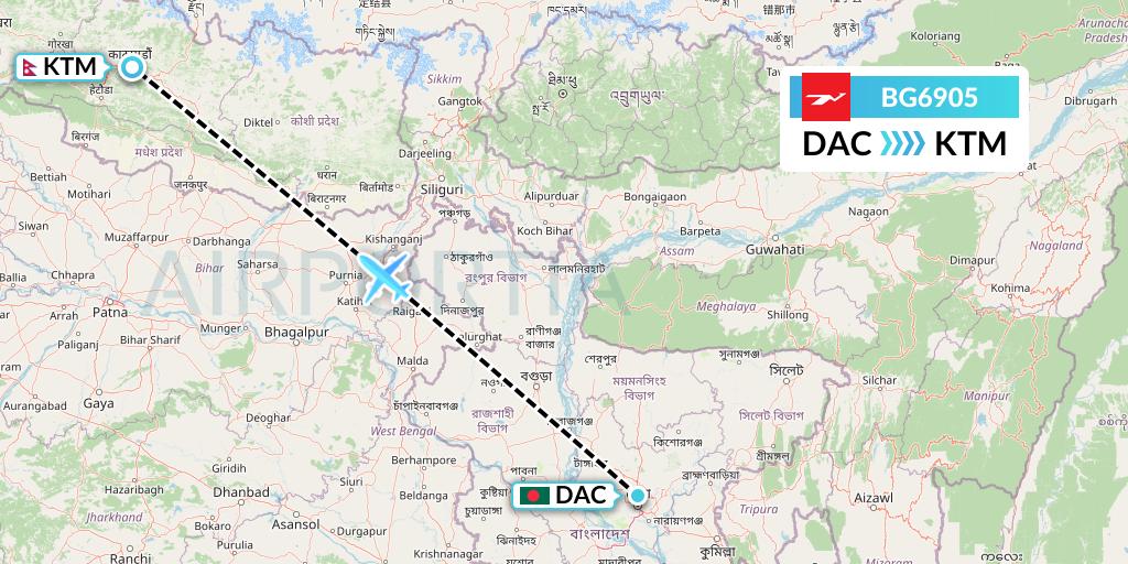 BG6905 Biman Bangladesh Airlines Flight Map: Dhaka to Kathmandu