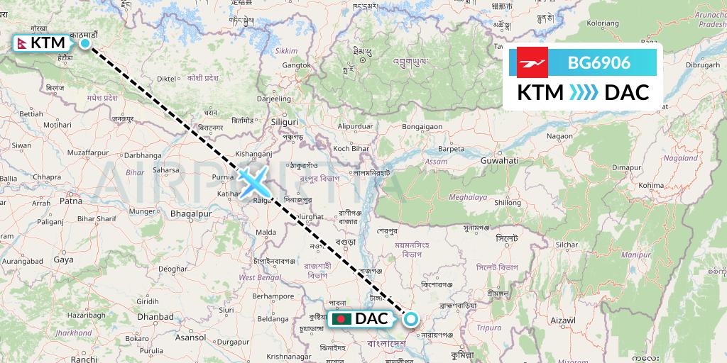 BG6906 Biman Bangladesh Airlines Flight Map: Kathmandu to Dhaka
