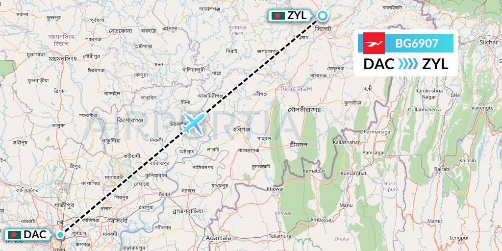 BG6907 Biman Bangladesh Airlines Flight Map: Dhaka to Sylhet
