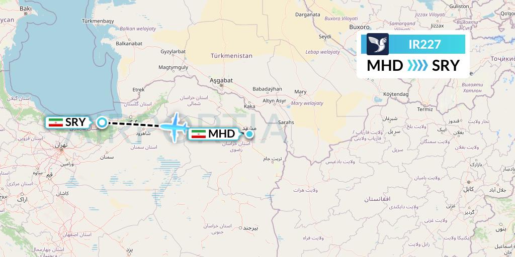 IR227 Iran Air Flight Map: Mashhad to Sari