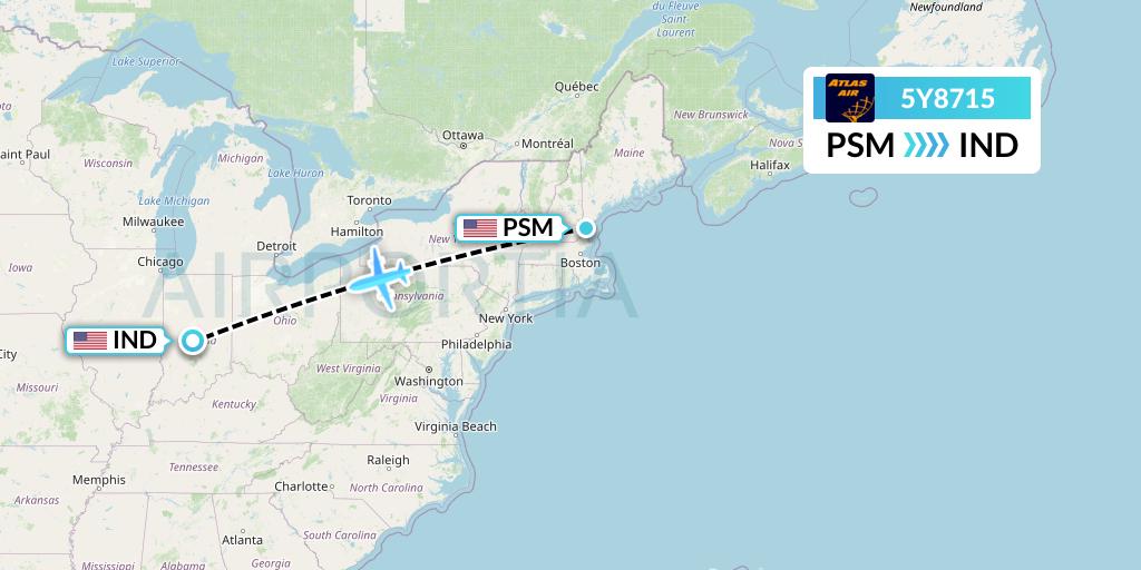 5Y8715 Atlas Air Flight Map: Portsmouth to Indianapolis