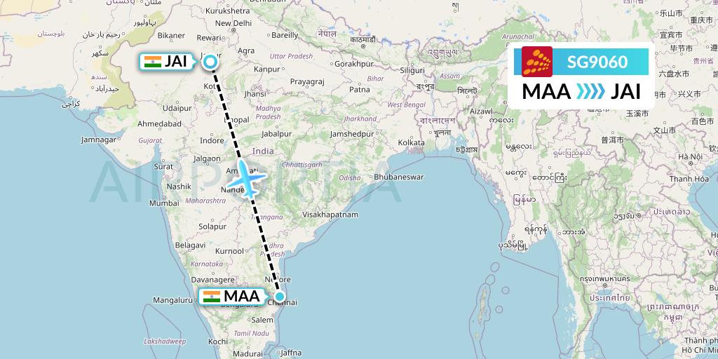 SG9060 SpiceJet Flight Map: Chennai to Jaipur