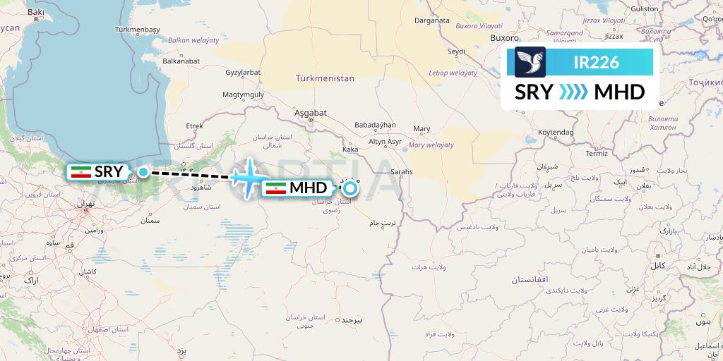 IR226 Iran Air Flight Map: Sari to Mashhad