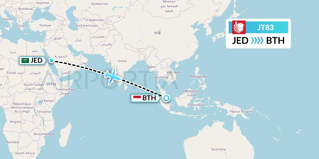 JT83 Lion Airlines Flight Map: Jeddah to Batam