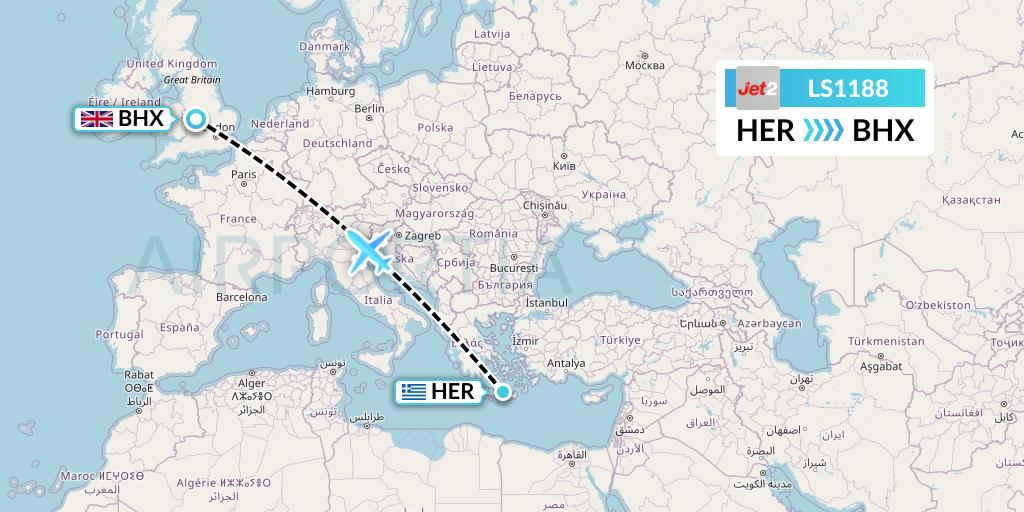 LS1188 Jet2 Flight Map: Heraklion to Birmingham