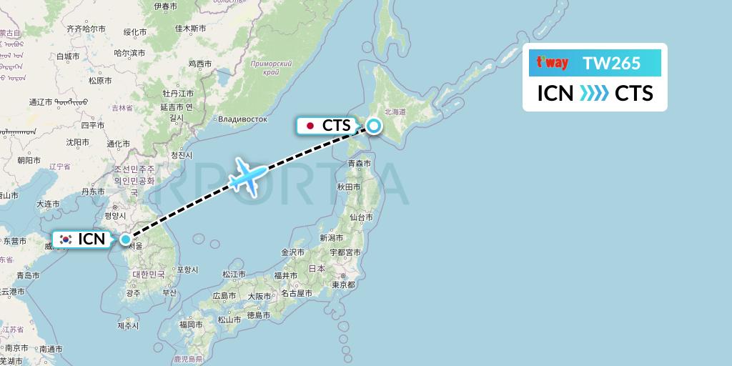 TW265 T'way Air Flight Map: Seoul to Sapporo