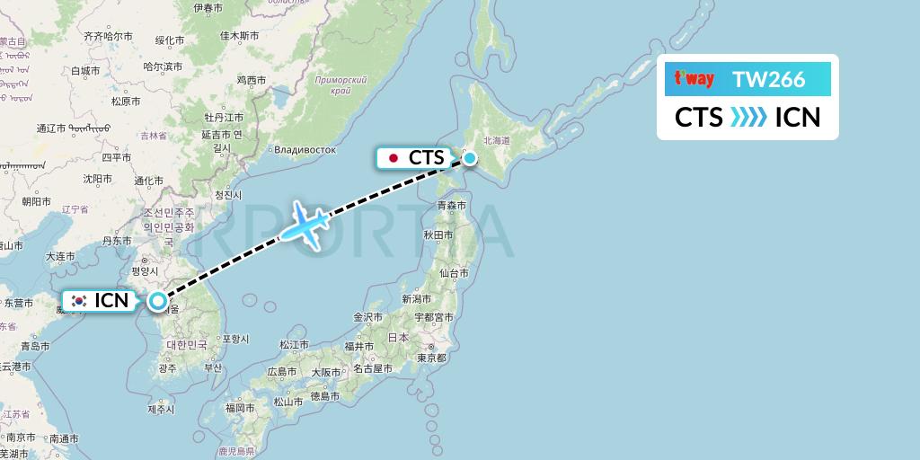TW266 T'way Air Flight Map: Sapporo to Seoul