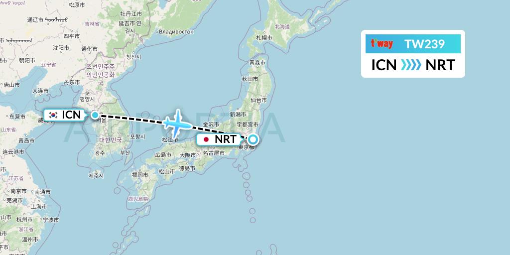 TW239 T'way Air Flight Map: Seoul to Tokyo