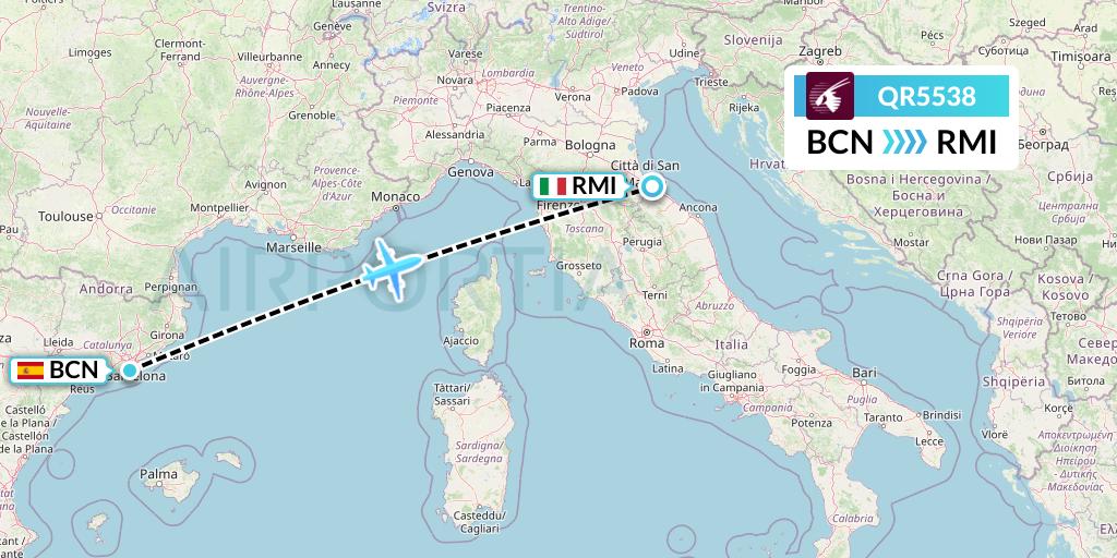 QR5538 Qatar Airways Flight Map: Barcelona to Rimini