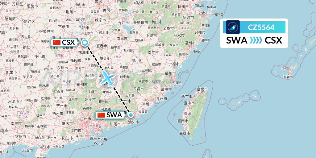 CZ5564 China Southern Airlines Flight Map: Jieyang to Changsha