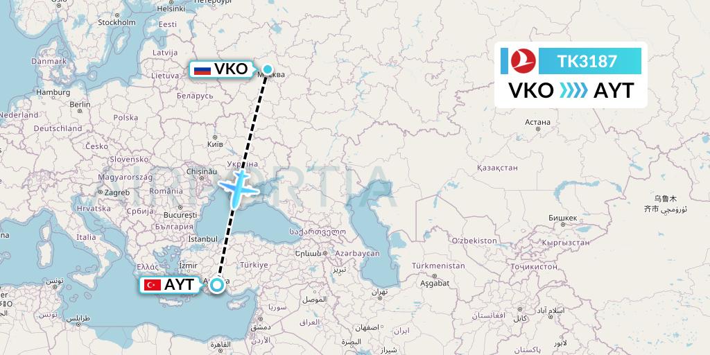 TK3187 Turkish Airlines Flight Map: Moscow to Antalya