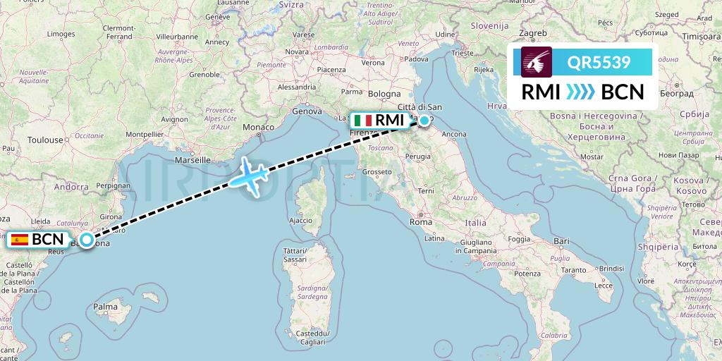 QR5539 Qatar Airways Flight Map: Rimini to Barcelona