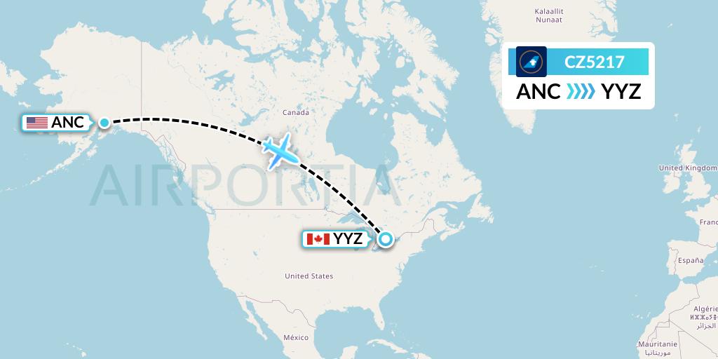 CZ5217 China Southern Airlines Flight Map: Anchorage to Toronto