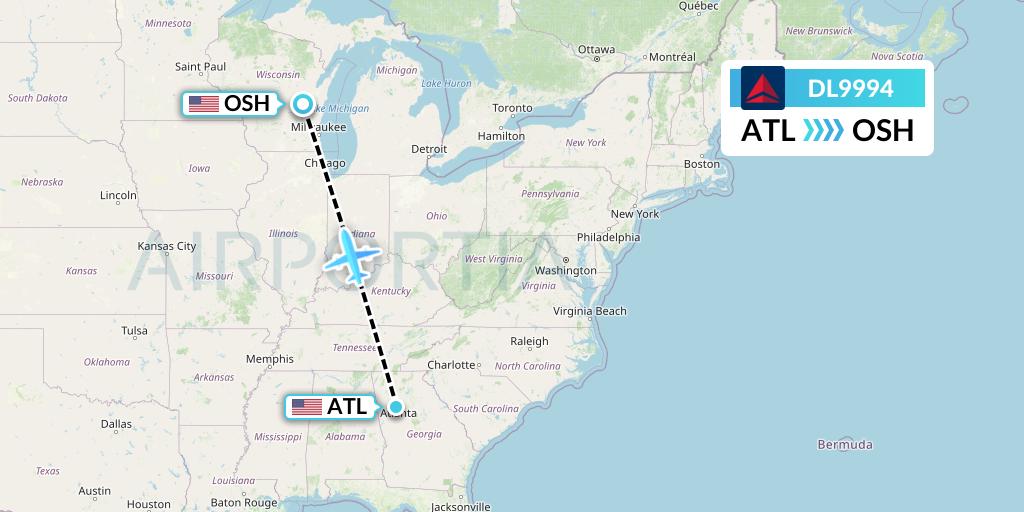 DL9994 Delta Air Lines Flight Map: Atlanta to Oshkosh