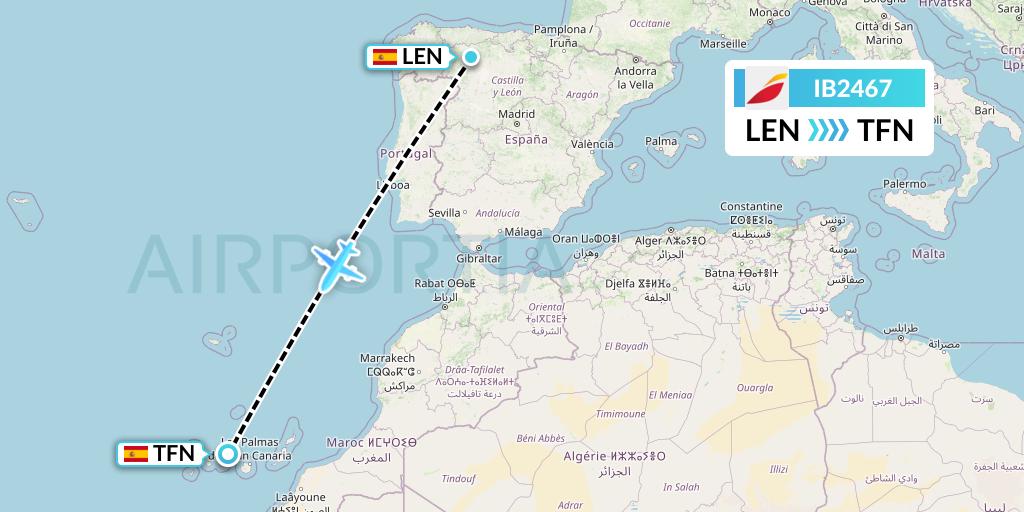 IB2467 Iberia Flight Map: Leon to Tenerife