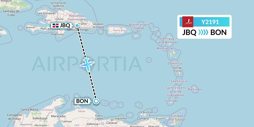 Y2191 Air Century Flight Map: Santo Domingo to Bonaire