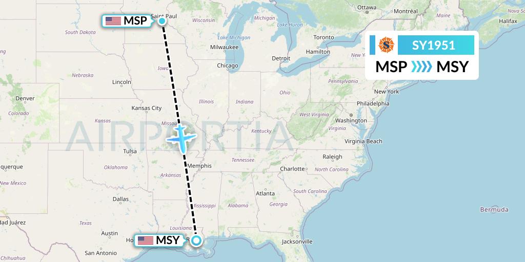 SY1951 Sun Country Airlines Flight Map: Minneapolis to New Orleans