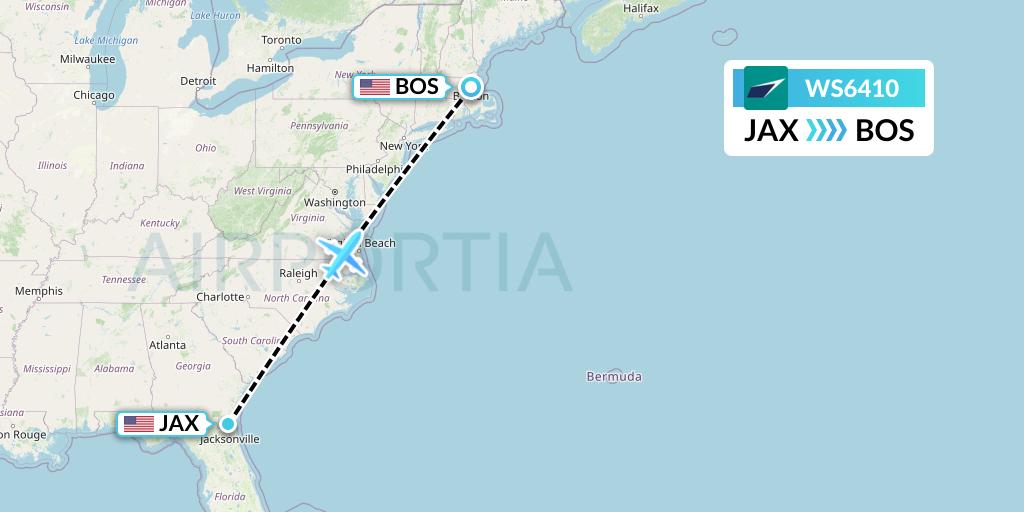 WS6410 WestJet Flight Map: Jacksonville to Boston