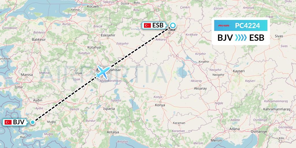 PC4224 Pegasus Airlines Flight Map: Bodrum to Ankara