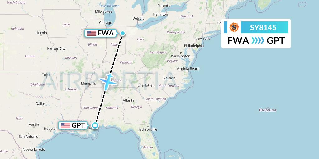 SY8145 Sun Country Airlines Flight Map: Fort Wayne to Gulfport