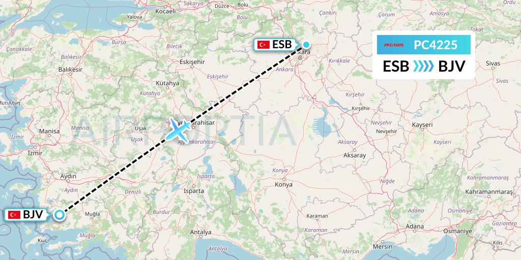 PC4225 Pegasus Airlines Flight Map: Ankara to Bodrum