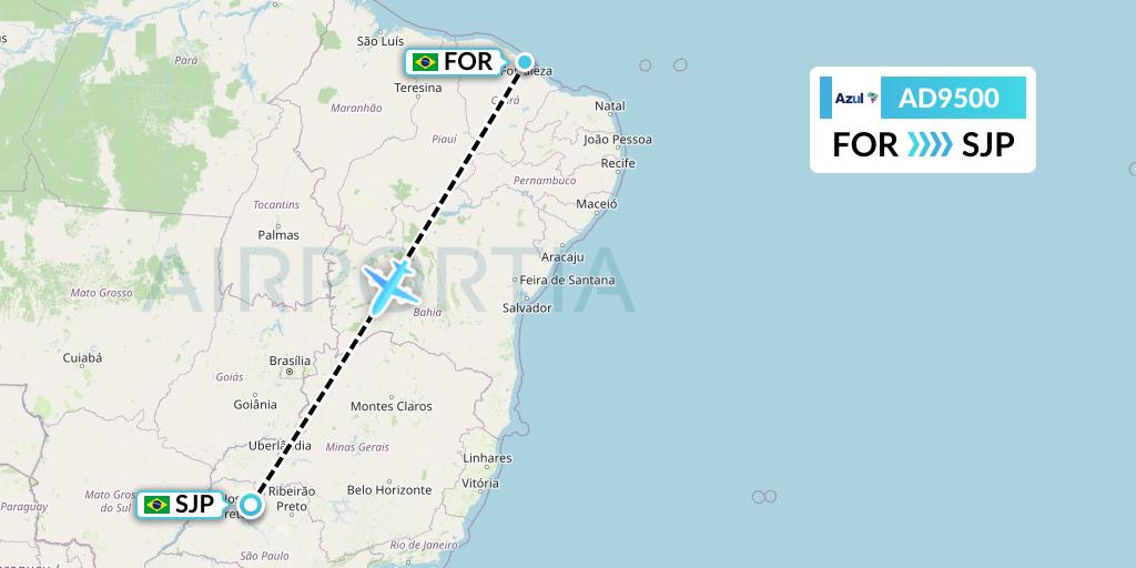 AD9500 Azul Brazilian Airlines Flight Map: Fortaleza to Sao Jose Do Rio Preto