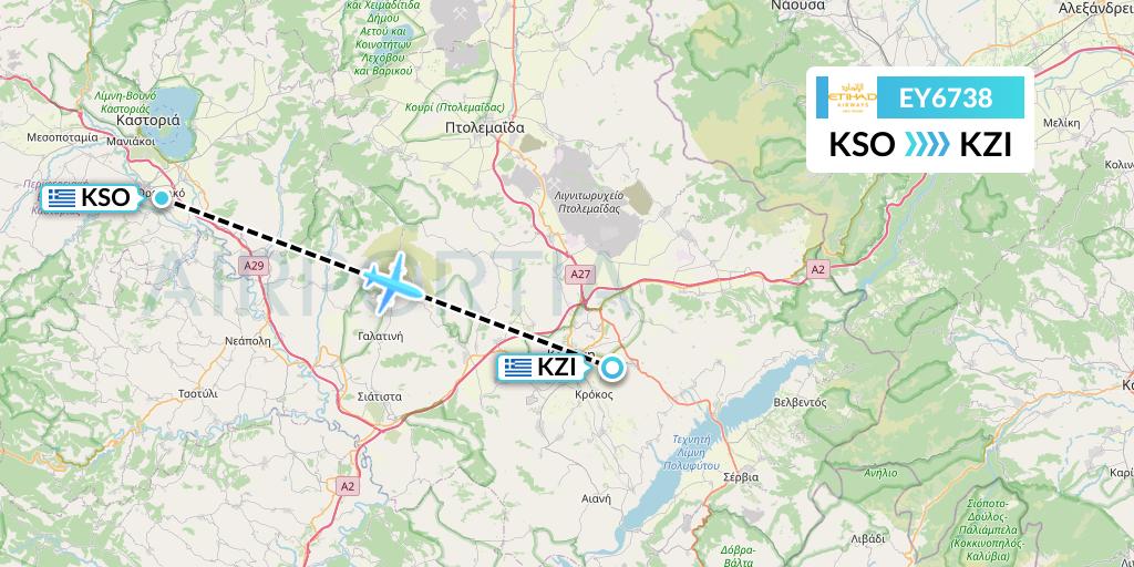 EY6738 Etihad Airways Flight Map: Kastoria to Kozani