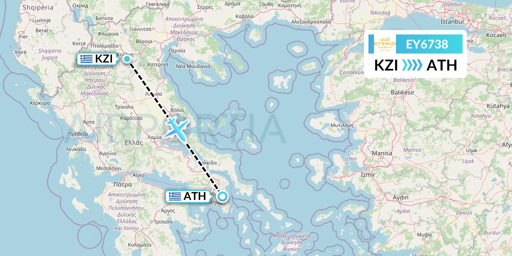 EY6738 Etihad Airways Flight Map: Kozani to Athens
