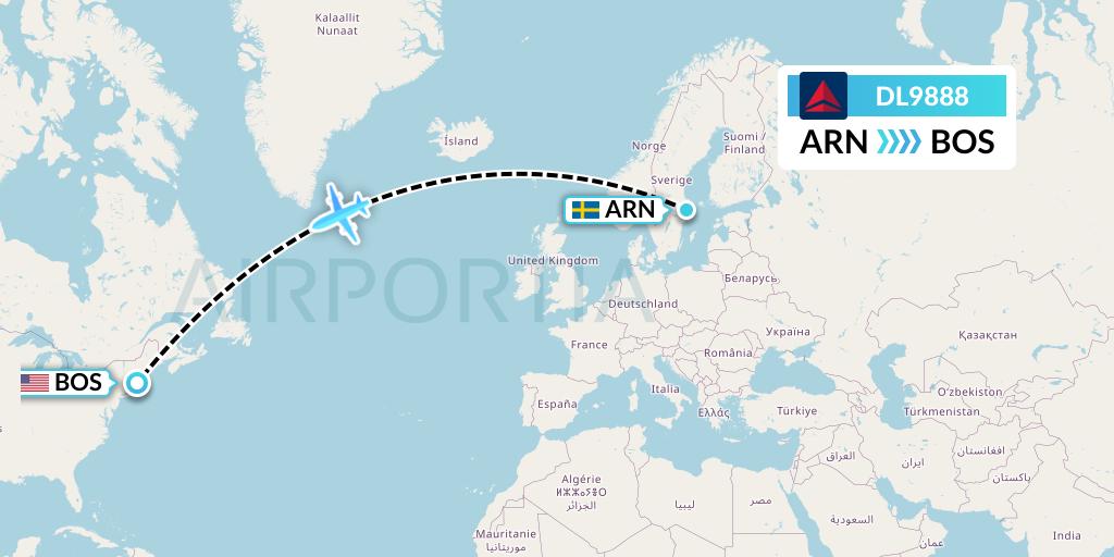 DL9888 Delta Air Lines Flight Map: Stockholm to Boston