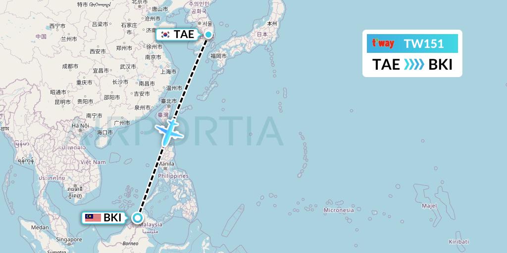 TW151 T'way Air Flight Map: Daegu to Kota Kinabalu