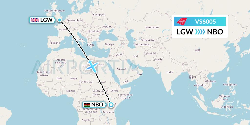 VS6005 Virgin Atlantic Airways Flight Map: London to Nairobi