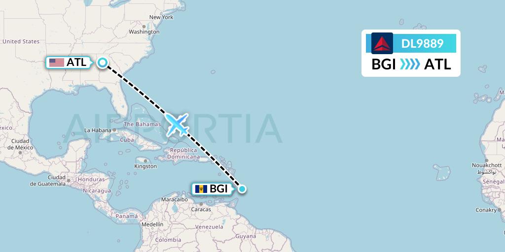 DL9889 Delta Air Lines Flight Map: Bridgetown to Atlanta