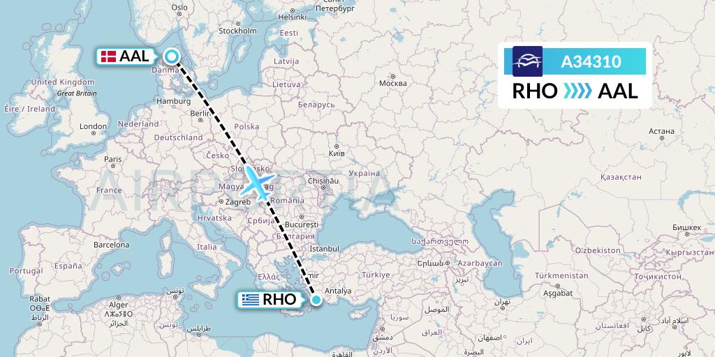 A34310 Aegean Airlines Flight Map: Rhodes to Aalborg