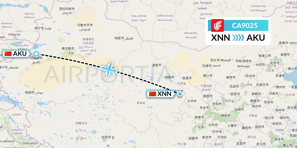 CA9025 Air China Flight Map: Xining to Aksu