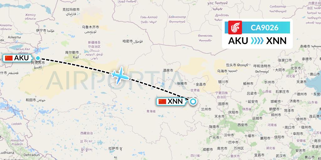 CA9026 Air China Flight Map: Aksu to Xining