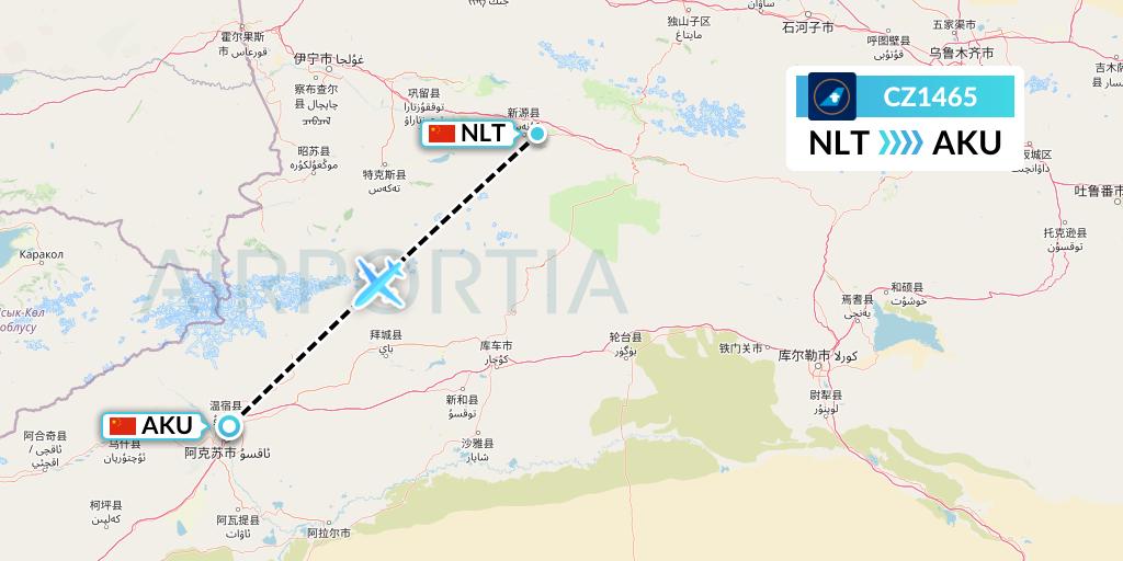CZ1465 China Southern Airlines Flight Map: Xinyuan to Aksu