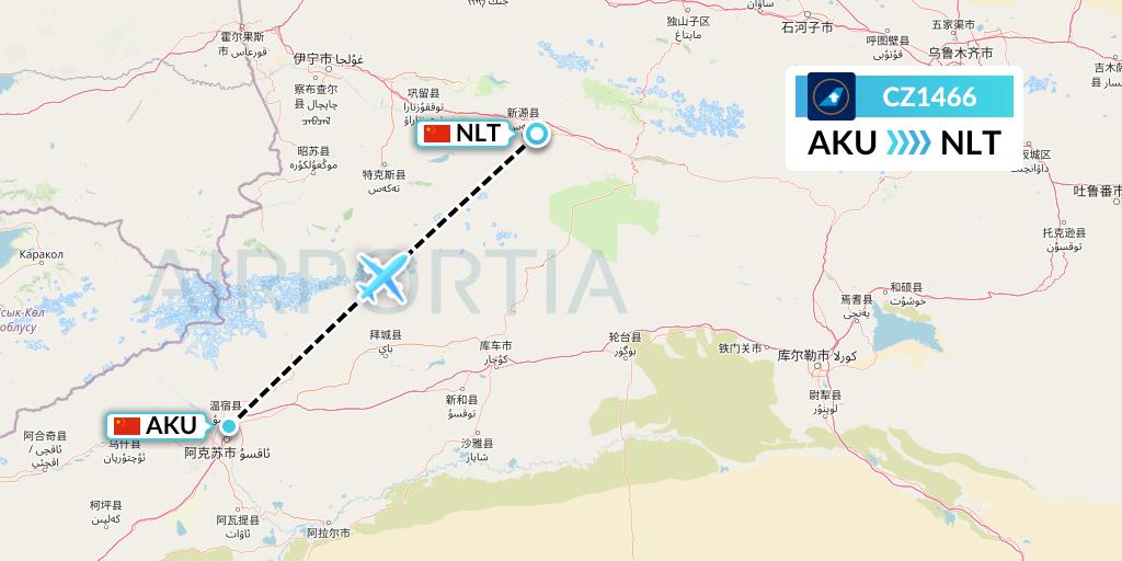 CZ1466 China Southern Airlines Flight Map: Aksu to Xinyuan