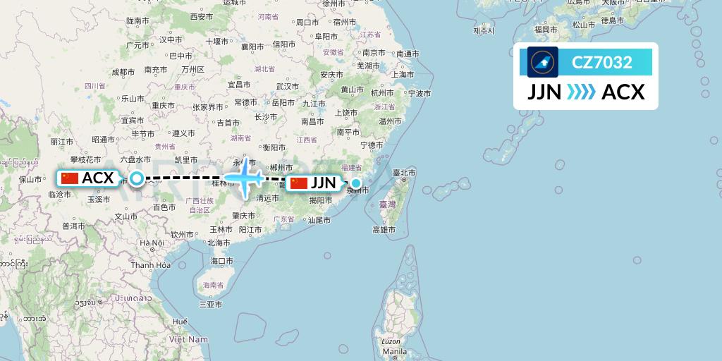 CZ7032 China Southern Airlines Flight Map: Jinjiang to Xingyi