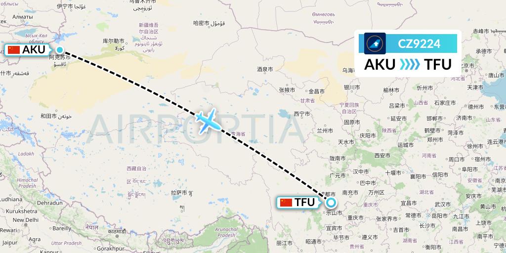 CZ9224 China Southern Airlines Flight Map: Aksu to Chengdu