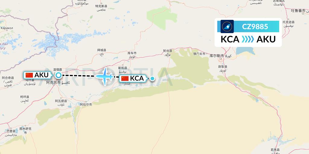 CZ9885 China Southern Airlines Flight Map: Kuqa to Aksu