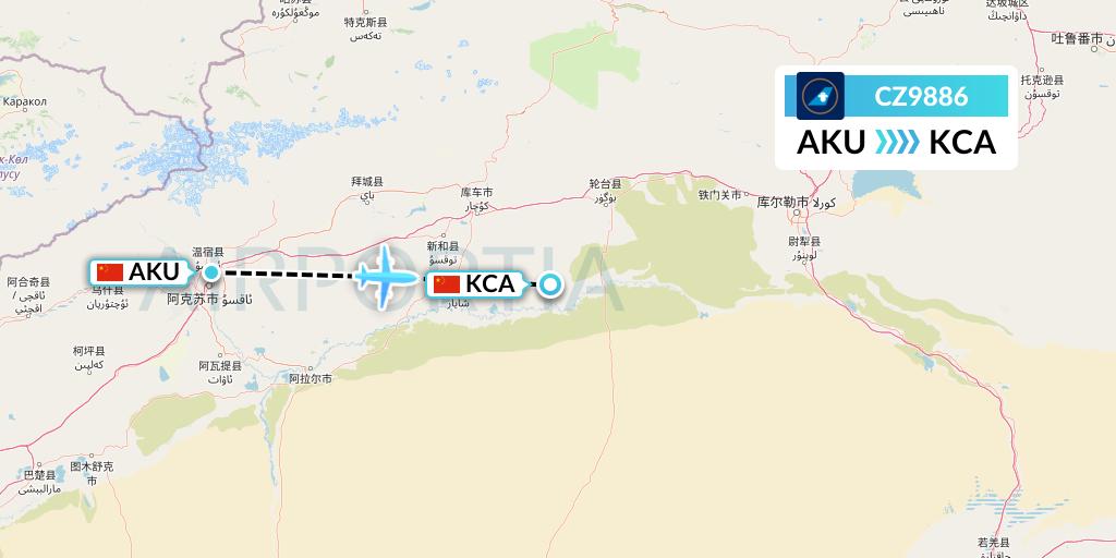 CZ9886 China Southern Airlines Flight Map: Aksu to Kuqa
