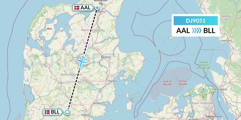 DJ9051 Air Djibouti Flight Map: Aalborg to Billund