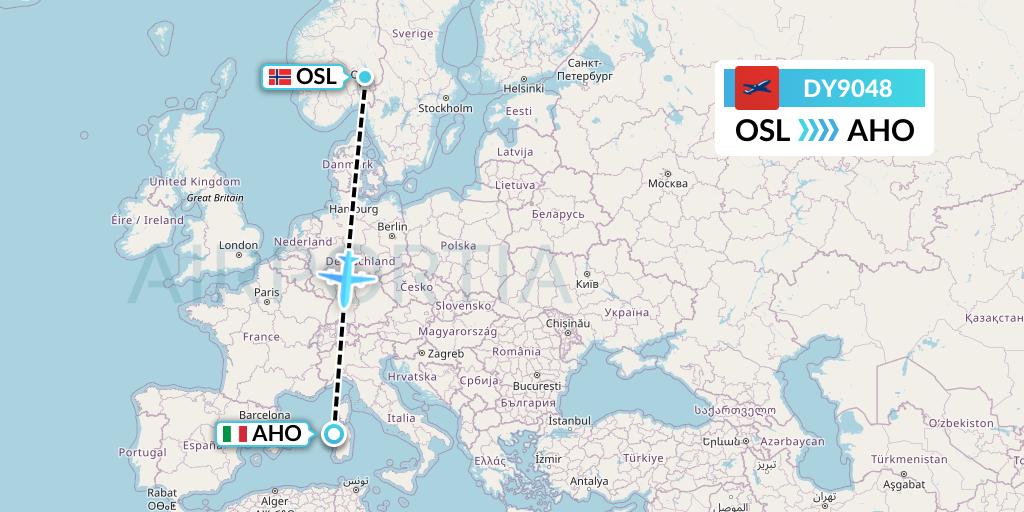 DY9048 Norwegian Flight Map: Oslo to Alghero