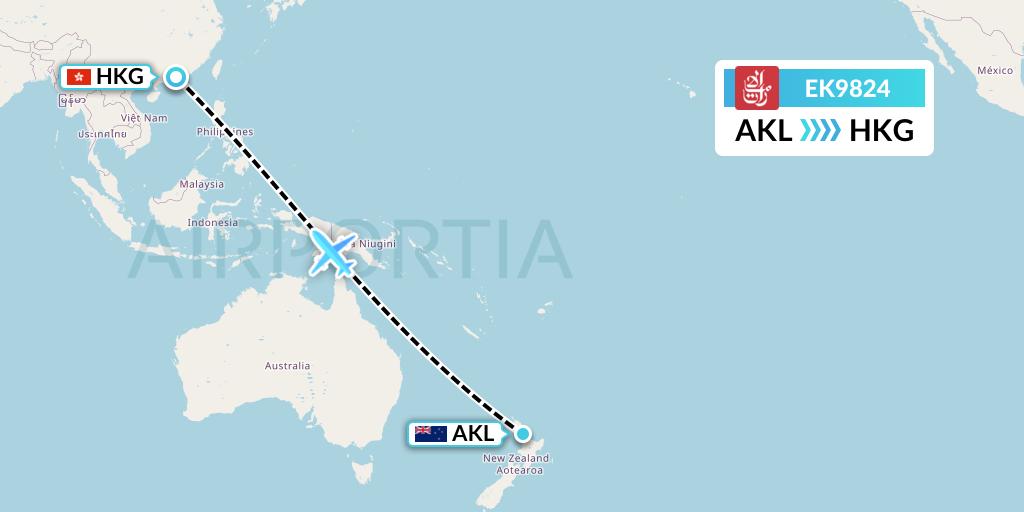 EK9824 Emirates Flight Map: Auckland to Hong Kong