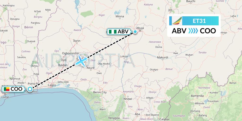 ET31 Ethiopian Airlines Flight Map: Abuja to Cotonou