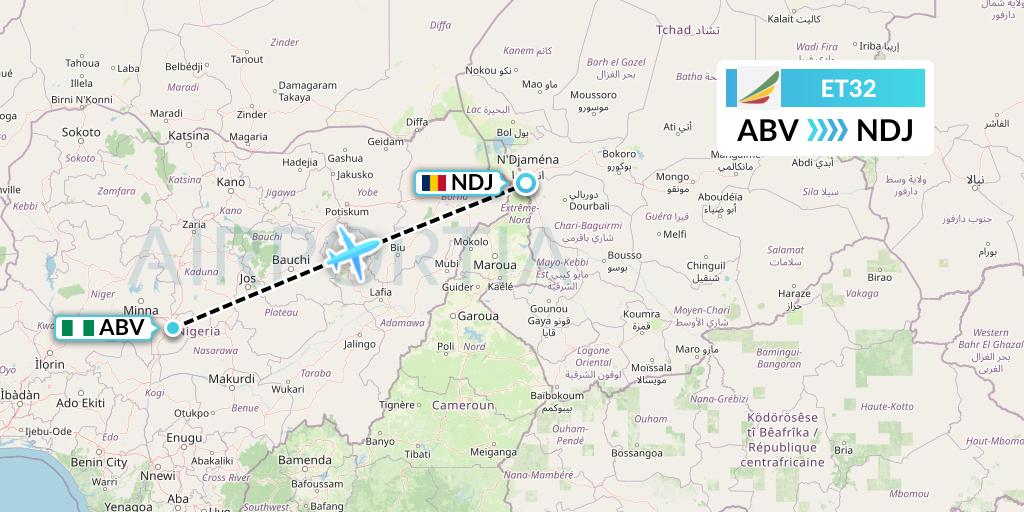 ET32 Ethiopian Airlines Flight Map: Abuja to N'Djamena
