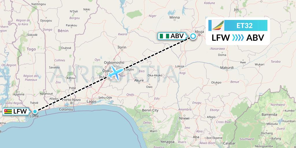 ET32 Ethiopian Airlines Flight Map: Lome to Abuja