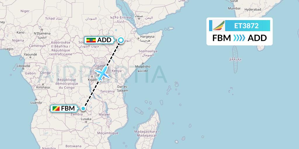 ET3872 Ethiopian Airlines Flight Map: Lubumbashi to Addis Ababa