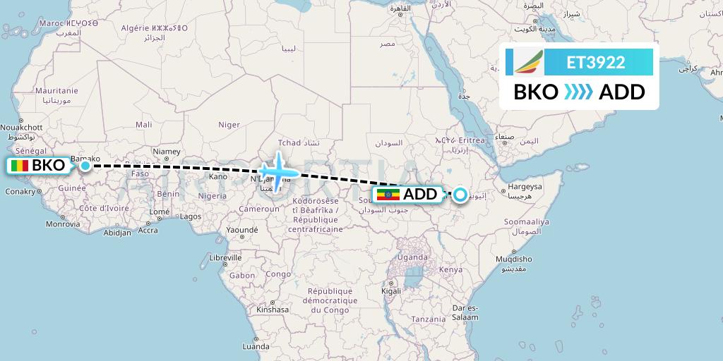 ET3922 Ethiopian Airlines Flight Map: Bamako to Addis Ababa